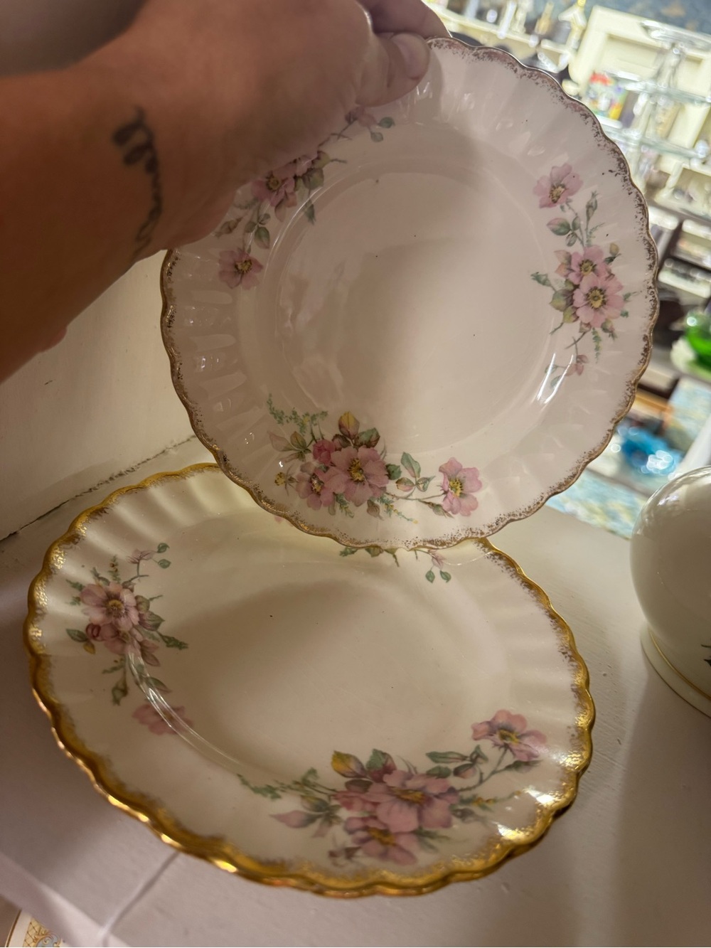 Wild Rose Pink Floral Scalloped Dinner Plates with Gold Trim